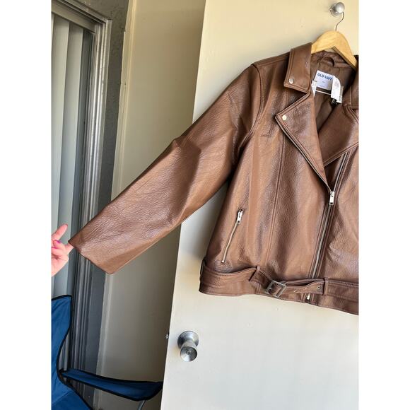 Old Navy Faux-Leather Belted Biker Motor Jacket Espresso Brown Size XXL $75 NWT - Picture 16 of 16